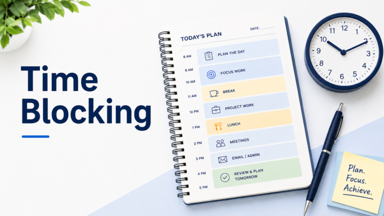 A planner, clock, and pen showing a simple time blocking schedule for planning the day