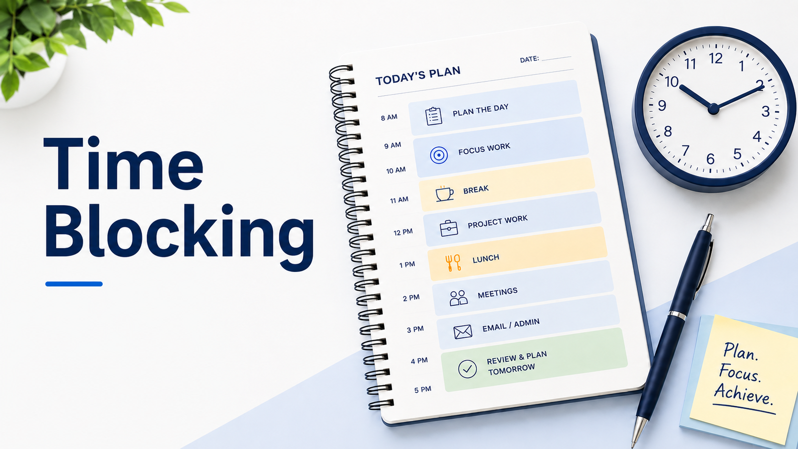 A planner, clock, and pen showing a simple time blocking schedule for planning the day